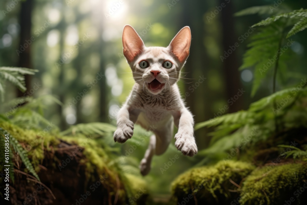 Fototapeta premium Medium shot portrait photography of a happy devon rex cat leaping against an enchanting forest. With generative AI technology