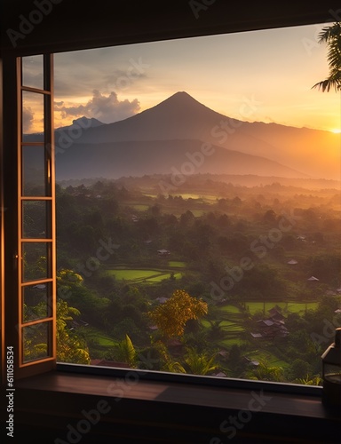 View from the window of the hotel villa on the rice fields and mountains at sunset. View from the hotel window in the north of Bali. generative AI