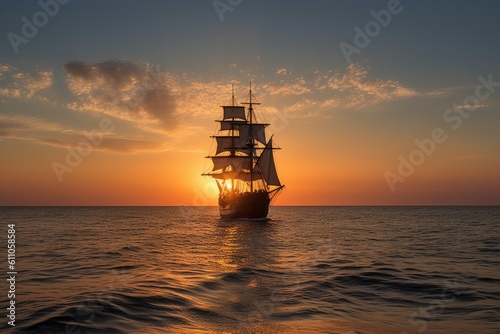 sailing ship at sunset, with the sun setting over the horizon, created with generative ai