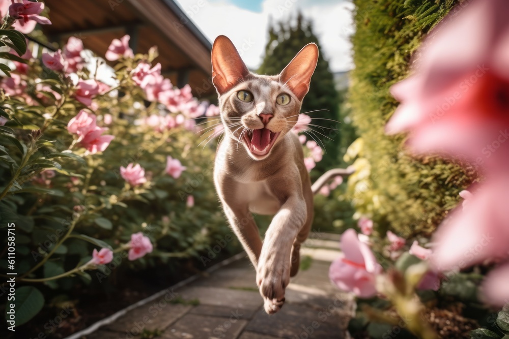 Obraz premium Close-up portrait photography of a happy oriental shorthair cat jumping against a charming garden path. With generative AI technology