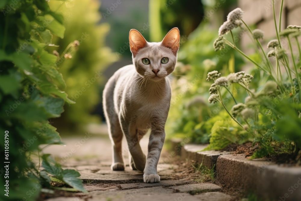 Full-length portrait photography of a cute devon rex cat playing against a charming garden path. With generative AI technology