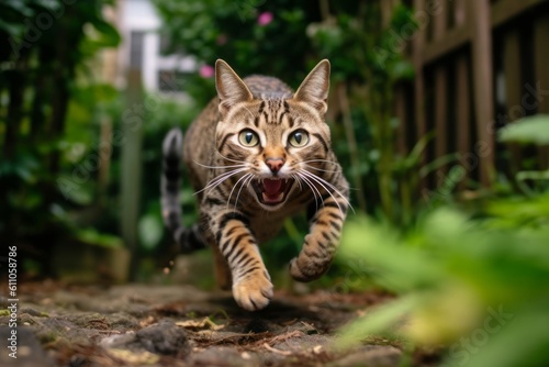 Medium shot portrait photography of a funny savannah cat leaping against a charming garden path. With generative AI technology