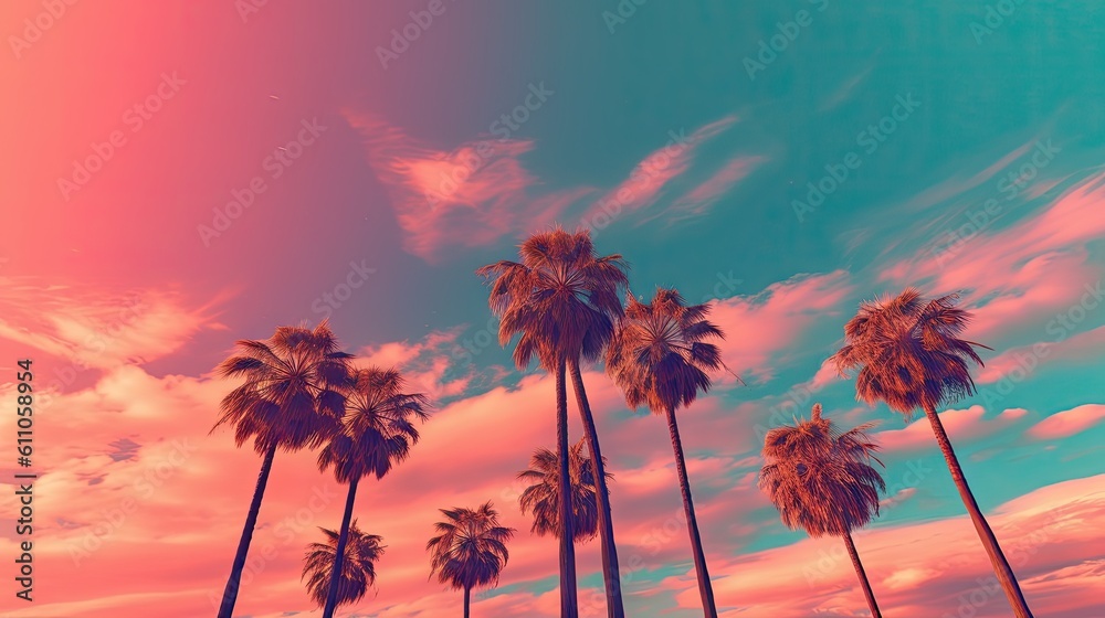 A group of palm trees against a pink and blue sky. Empty aesthetic sky individual palm trees aesthetic color. Created with Generative Ai Technology
