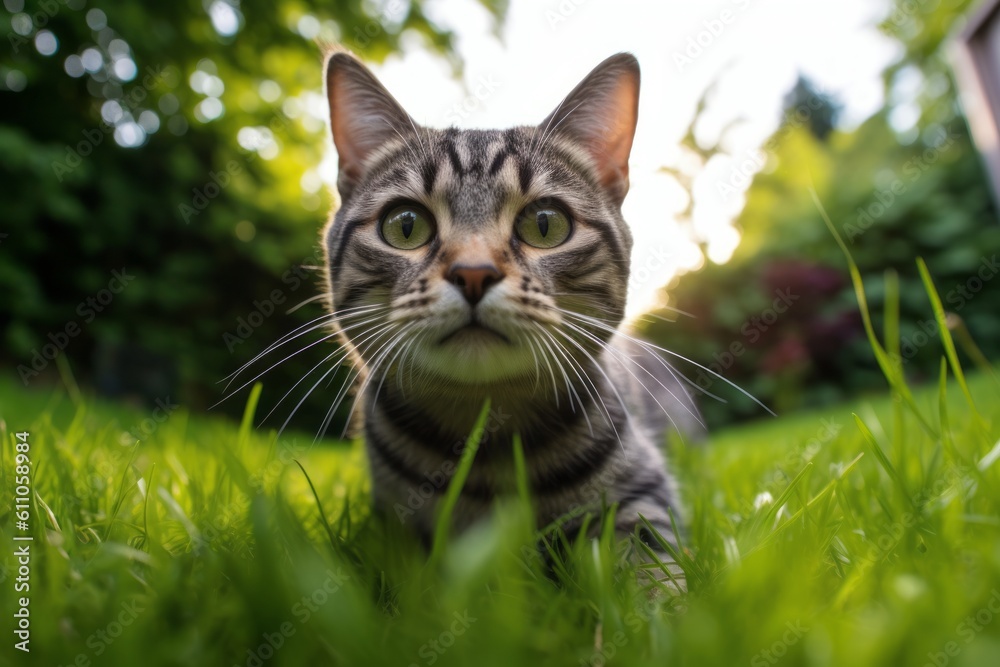 Lifestyle portrait photography of a cute american shorthair cat begging for food against a lush green lawn. With generative AI technology