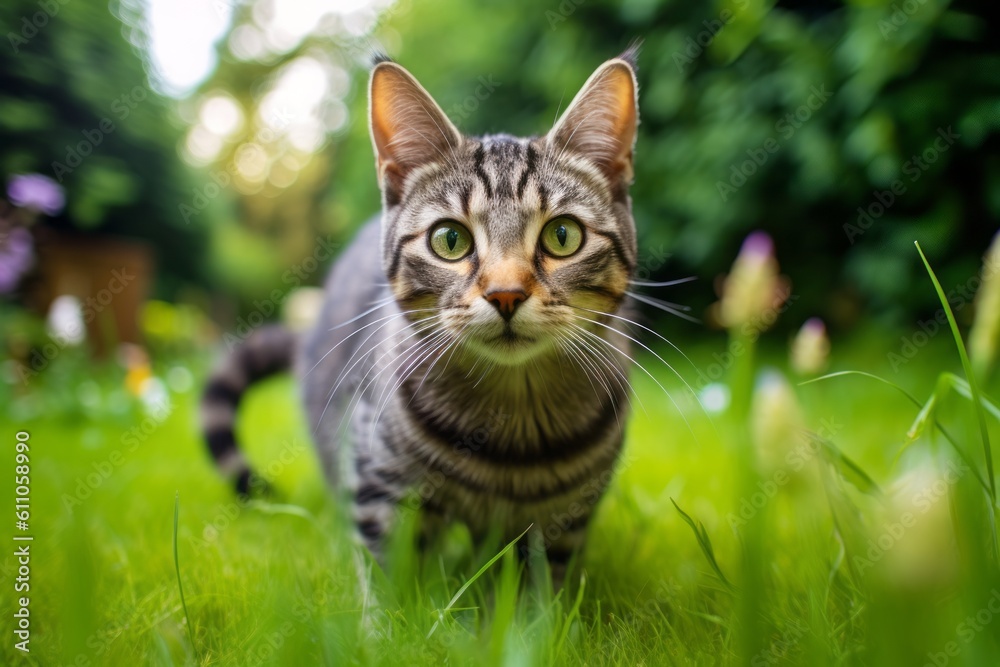 Lifestyle portrait photography of a cute american shorthair cat begging for food against a lush green lawn. With generative AI technology