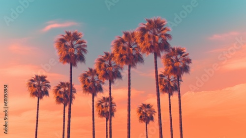 A row of palm trees against a pink and blue sky. Empty aesthetic sky individual palm trees aesthetic color. Created with Generative Ai Technology