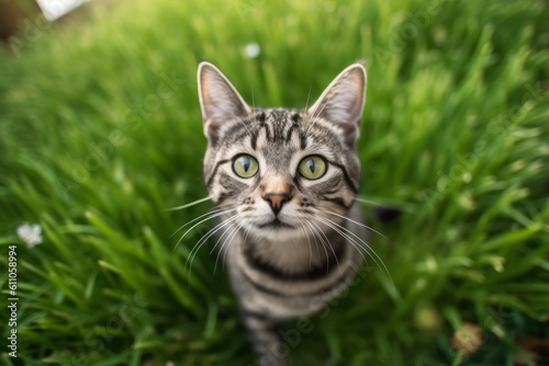 Wallpaper Mural Lifestyle portrait photography of a cute american shorthair cat begging for food against a lush green lawn. With generative AI technology Torontodigital.ca