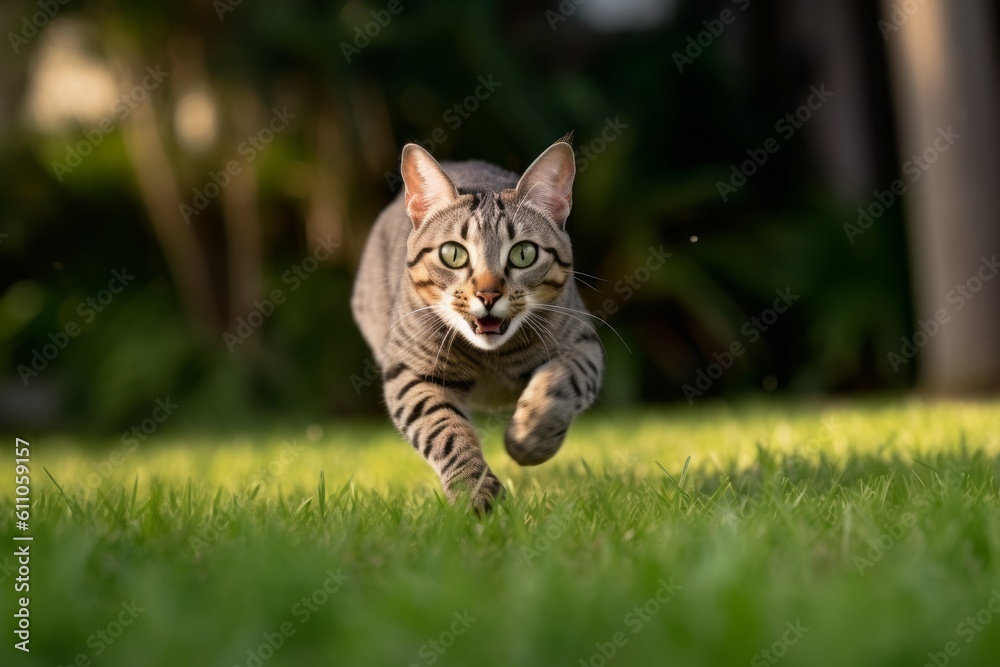 Full-length portrait photography of a funny savannah cat hopping against a lush green lawn. With generative AI technology