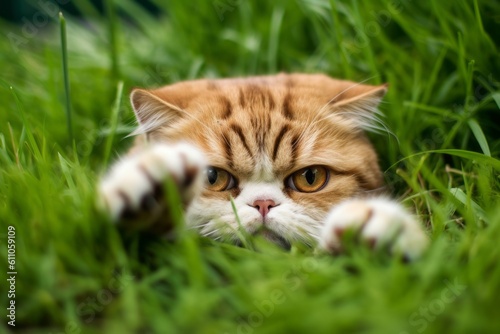 Close-up portrait photography of a curious exotic shorthair cat paw-licking against a lush green lawn. With generative AI technology © Markus Schröder