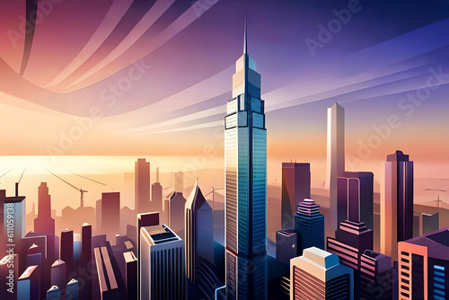  a bustling cityscape with towering skyscrapers, sleek architecture, and illuminated windows, capturing the vibrant energy and dynamism of urban life