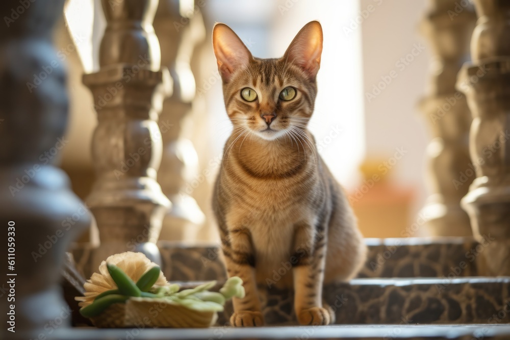 Group portrait photography of a smiling abyssinian cat eating against a decorative staircase. With generative AI technology