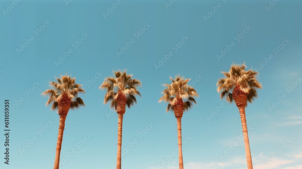 Obraz premium A row of palm trees against a blue sky. Created with Generative Ai Technology