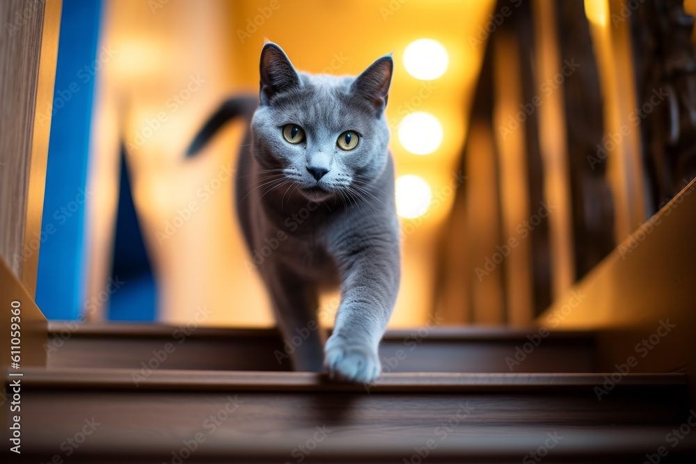 Lifestyle portrait photography of a cute russian blue cat hopping ...
