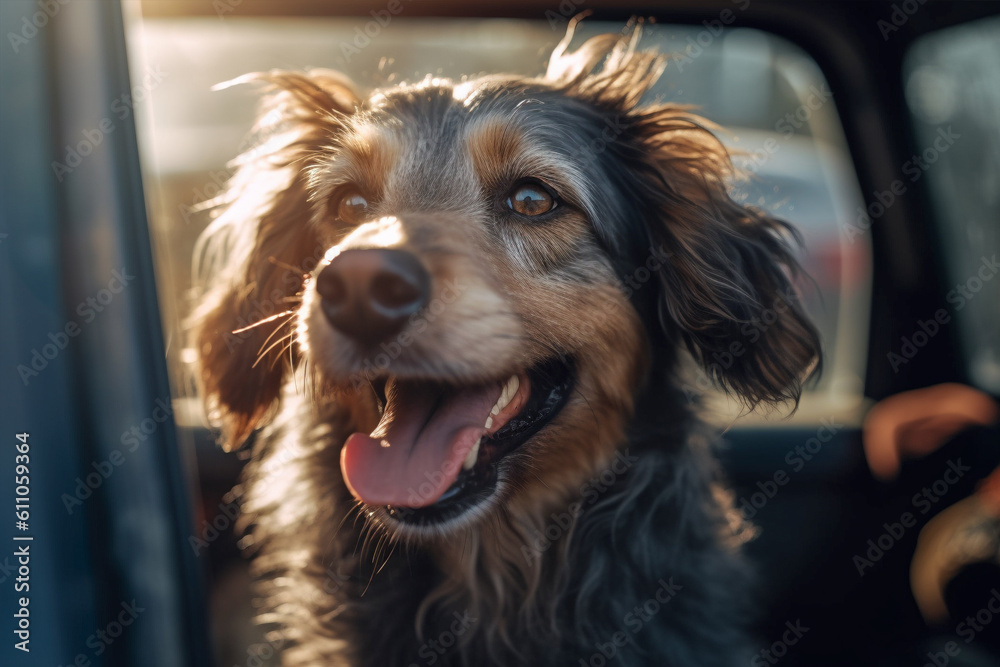 Panting dog locked inside a car in summer. Generative AI illustration