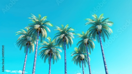 A row of palm trees against a blue sky. Palm trees against blue sky photo realistic. Created with Generative Ai Technology