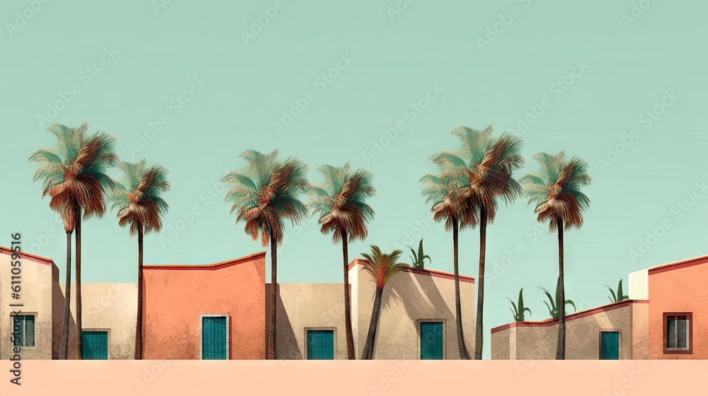 A row of palm trees in front of a white building. Palmeras simple background. Created with Generative Ai Technology