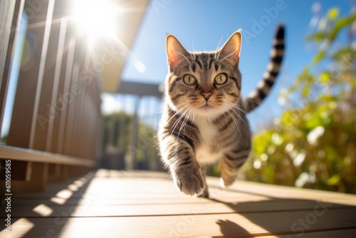 Environmental portrait photography of a happy manx cat leaping against a sunny balcony. With generative AI technology