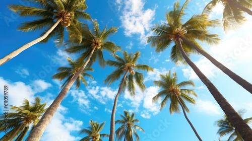 A group of palm trees with a blue sky in the background. Tropical Palm Trees: tall palm trees against a clear blue sky, symbolizing the tropical vibes of summer. Created with Generative Ai Technology
