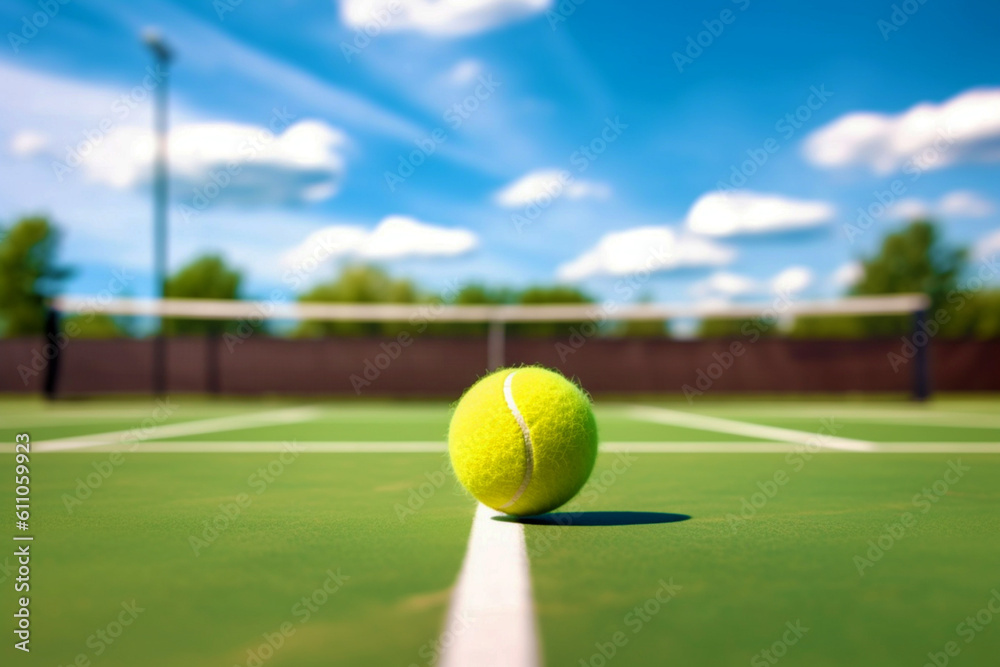 A large tennis ball on a tennis court against a blue sky background. The concept of sports, Competitions and a healthy lifestyle. Space for copying. Generative AI