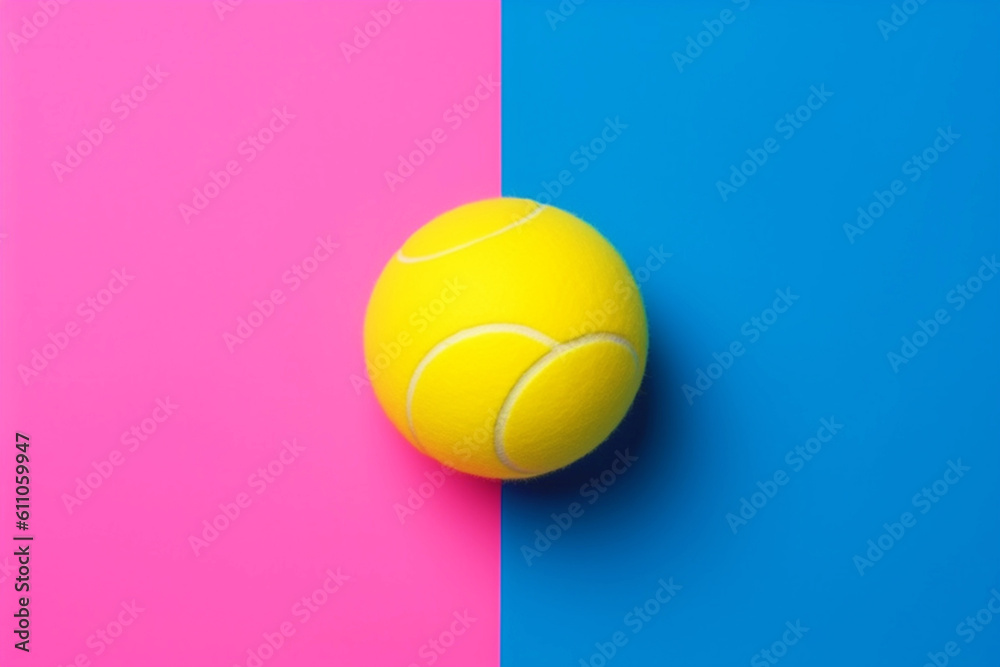 A tennis ball on a blue and pink background. Conceptual sport, competition and victory. Generative AI