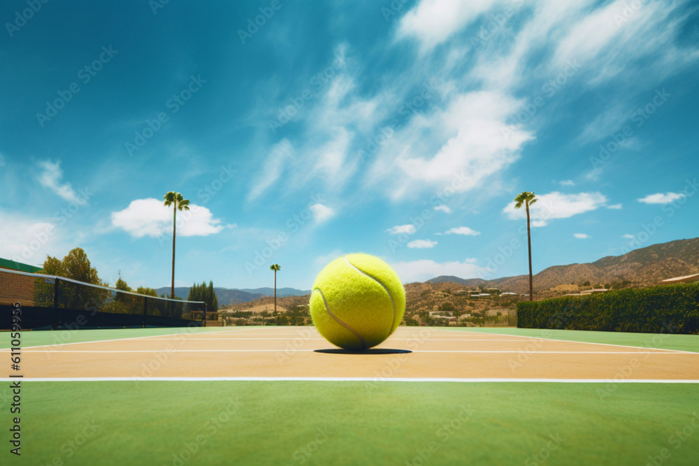 A large tennis ball on a tennis court against a background of blue sky and tall palm trees. The concept of sports, Competitions and a healthy lifestyle. Generative AI