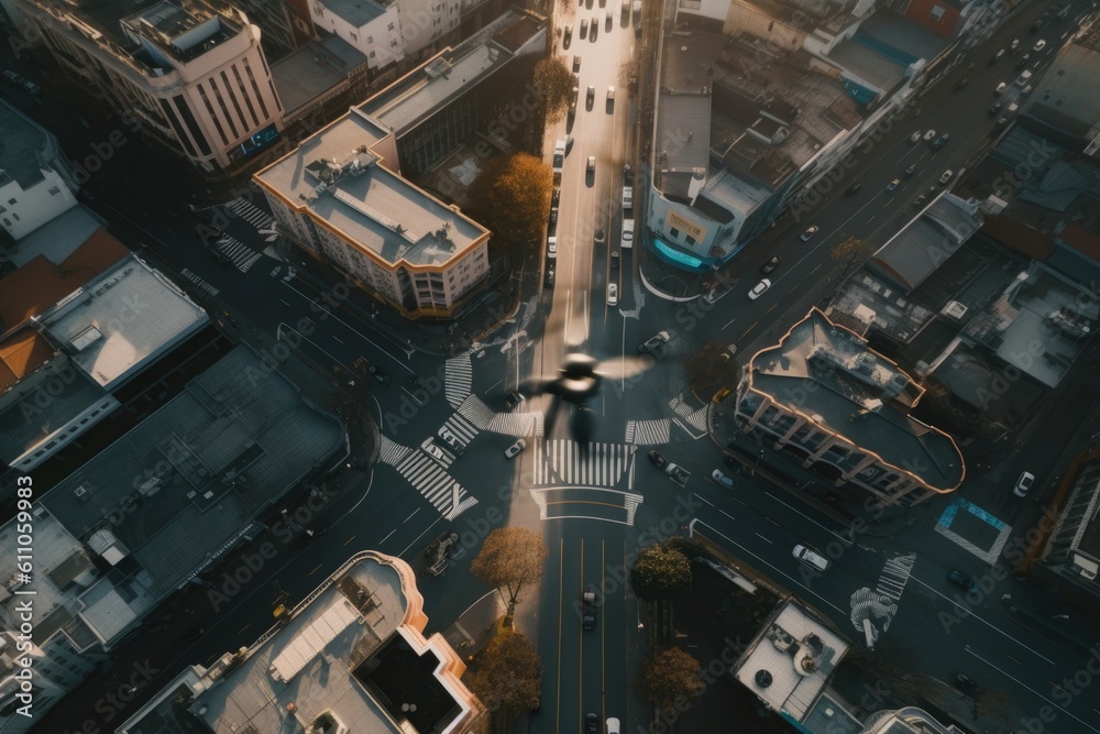 aerial view of busy city, with drone flying over bustling streets, created with generative ai