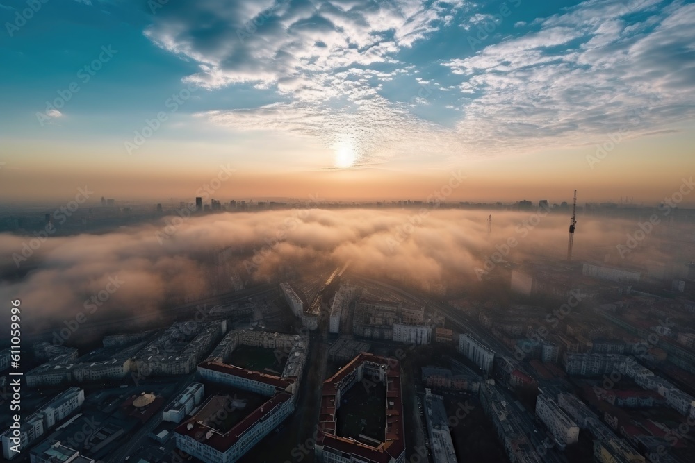 sky with wispy clouds, aerial view of cityscape, and drone, created with generative ai