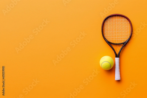 tennis racket and ball on an orange background, top view. The concept of sports, fitness, healthy lifestyle. Copy Space. Generative AI