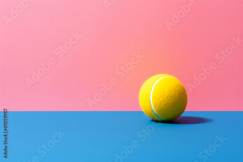 A tennis ball on a blue and pink background. A conceptual sport. Copy space. Generative AI © evgeniia_1010