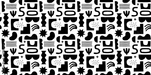 Abstract organic shape seamless pattern with black and white geometric doodles. Flat cartoon background, simple random shapes print texture. 