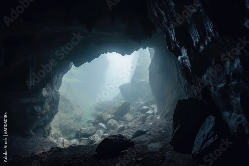 cave in mountain with fog, creating mysterious and otherworldly atmosphere, created with generative ai