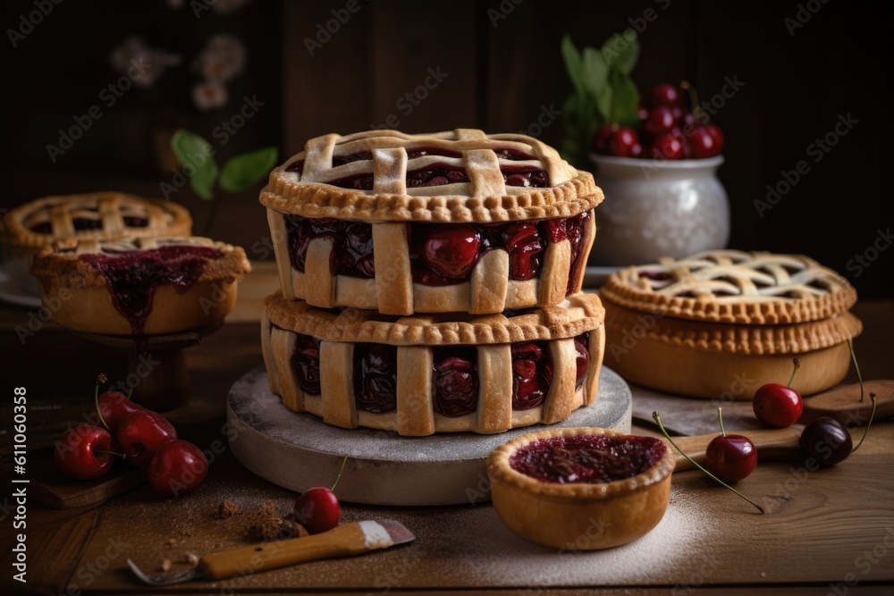 stack of cherry pies, each with different design and decoration, created with generative ai