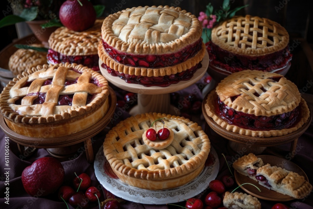 stack of cherry pies, each with different design and decoration, created with generative ai stack of cherry pies, each with different design and decoration, created with generative ai