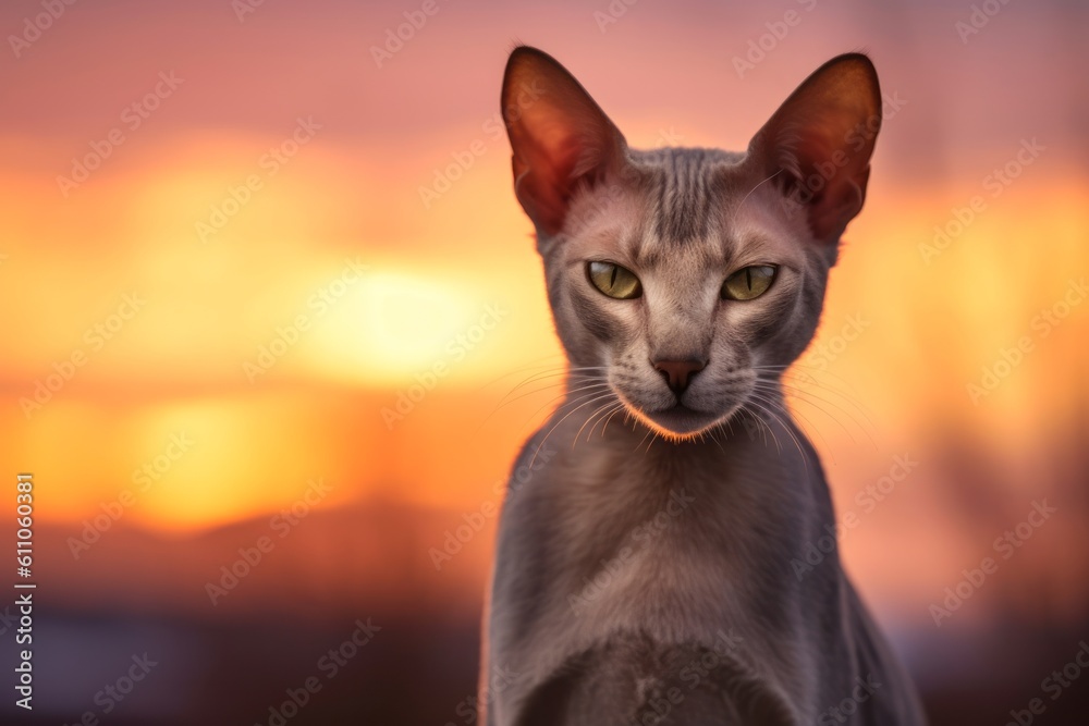 Group portrait photography of a curious oriental shorthair cat begging for food against a captivating sunset. With generative AI technology