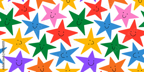 Colorful rainbow star seamless pattern illustration with funny smiling face. Diverse celebration background print. Birthday event, holiday backdrop texture, party design. 