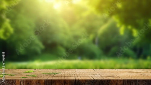 Empty wooden table on green nature background, Desk of free space for product display. Generative Ai