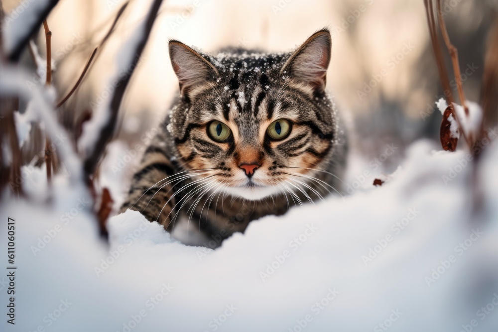 Environmental portrait photography of a funny american shorthair cat whisker twitching against a snowy winter scene. With generative AI technology