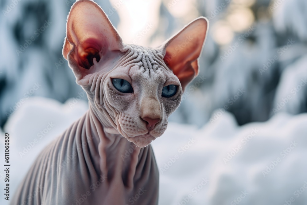 Medium shot portrait photography of a smiling sphynx cat exploring against a snowy winter scene. With generative AI technology