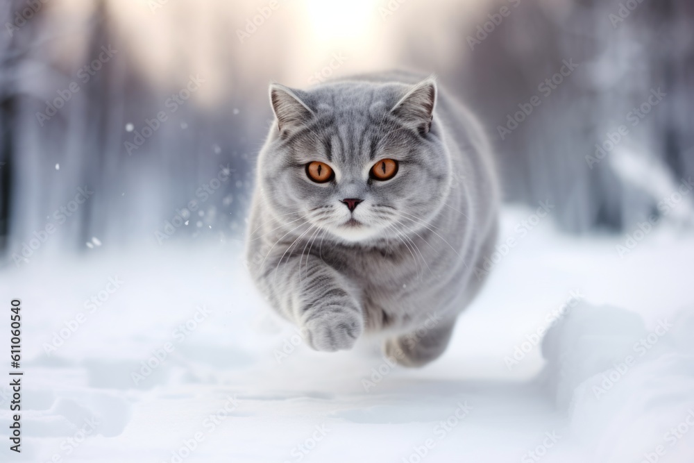 Environmental portrait photography of a bored british shorthair cat pouncing against a snowy winter scene. With generative AI technology
