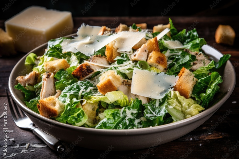 bowl of chicken caesar salad, topped with croutons and parmesan cheese, created with generative ai