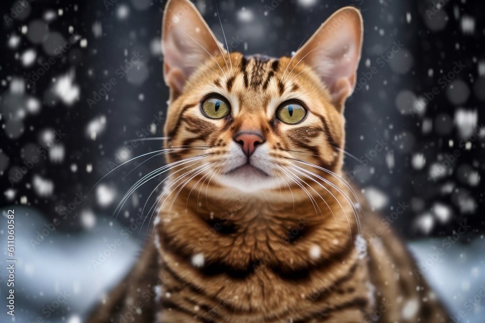Medium shot portrait photography of a smiling bengal cat kneading with hind legs against a snowy