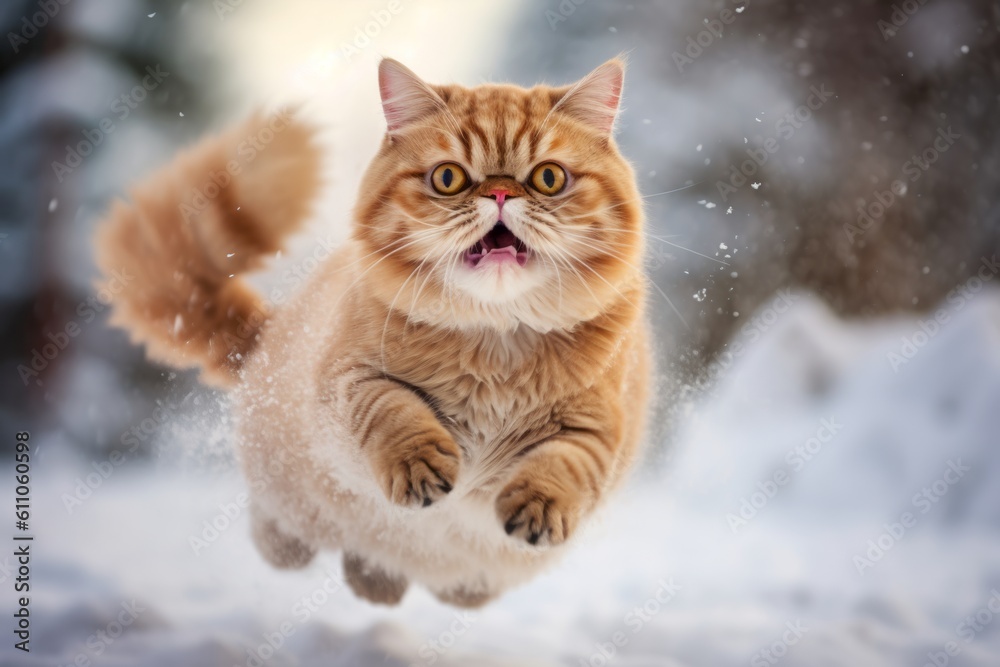 Lifestyle portrait photography of a smiling exotic shorthair cat leaping against a snowy winter scene. With generative AI technology