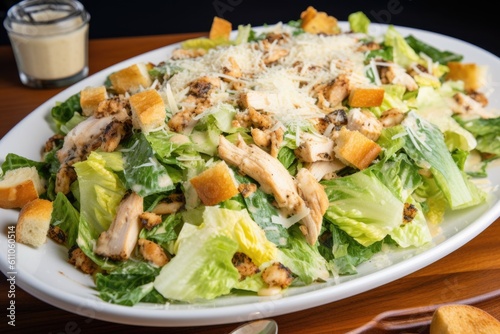 platter of chicken caesar salad, topped with shredded cheese and croutons, created with generative ai