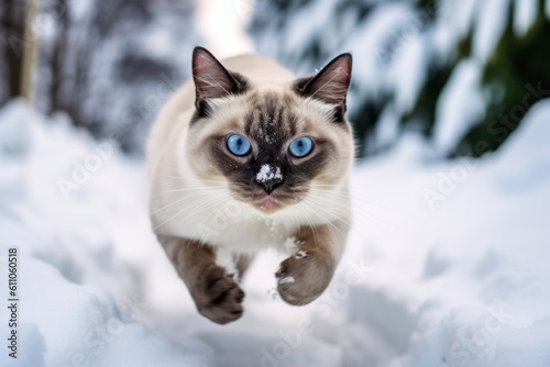 Close-up portrait photography of a cute siamese cat pouncing against a snowy winter scene. With generative AI technology © Markus Schröder