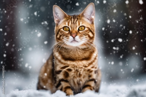 Medium shot portrait photography of a smiling bengal cat kneading with hind legs against a snowy winter scene. With generative AI technology