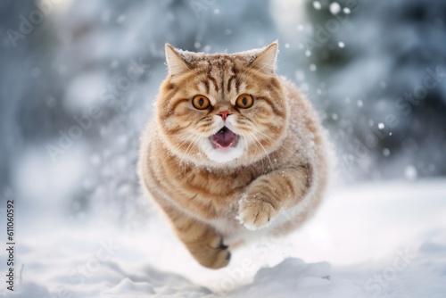 Lifestyle portrait photography of a smiling exotic shorthair cat leaping against a snowy winter scene. With generative AI technology © Markus Schröder