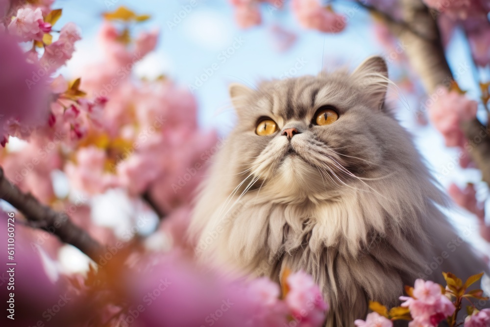 Lifestyle portrait photography of a smiling persian cat exploring against a blooming spring garden. With generative AI technology