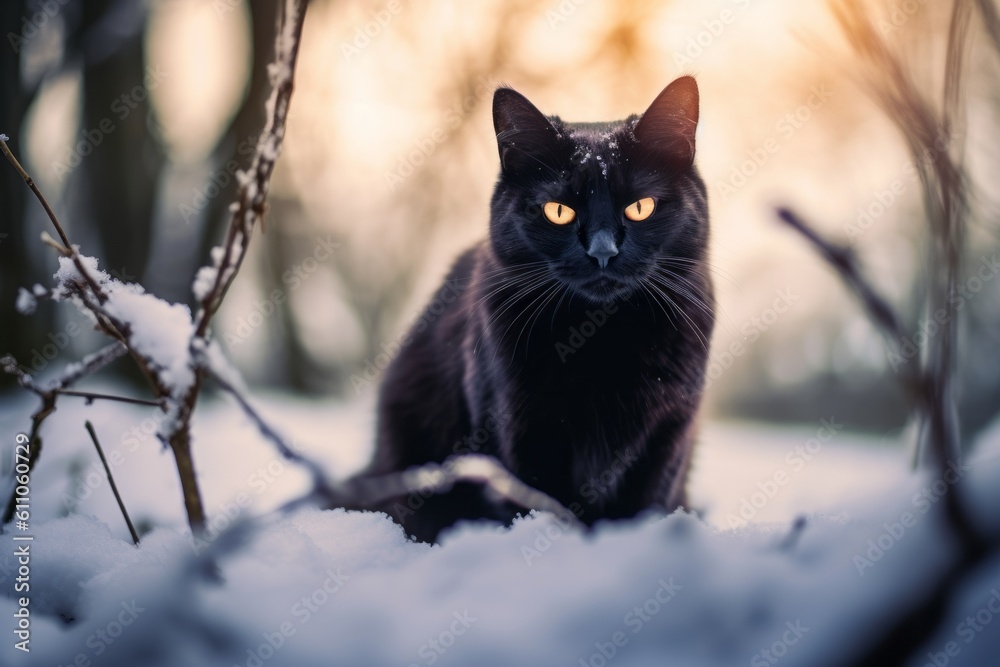 Medium shot portrait photography of a smiling bombay cat kneading with hind legs against a snowy winter scene. With generative AI technology