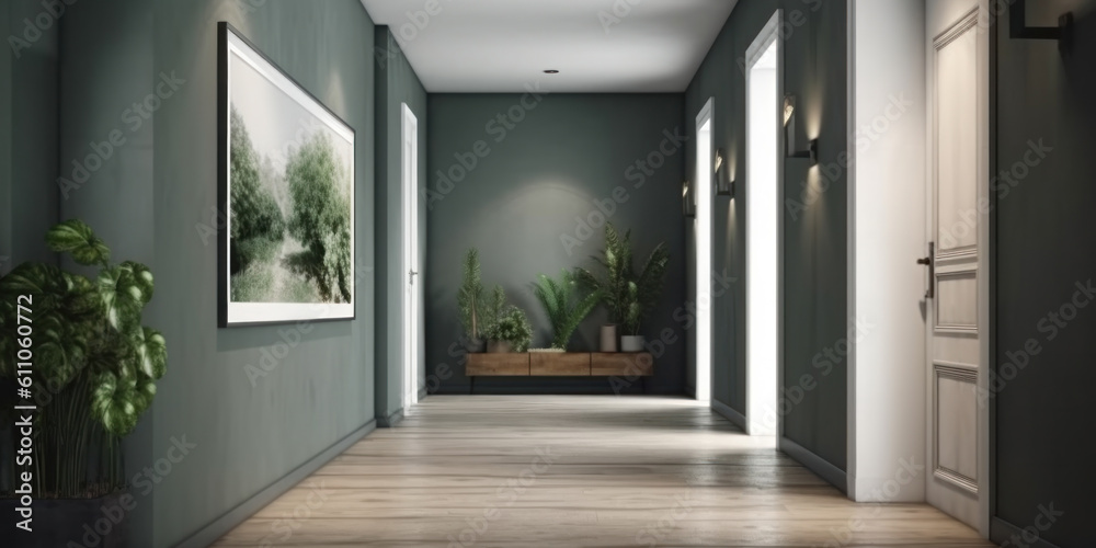 Fototapeta premium Corridor interior with green walls in modern apartment. Generative AI.