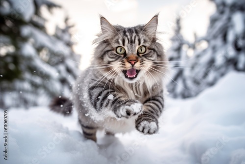 Environmental portrait photography of a smiling norwegian forest cat leaping against a snowy winter scene. With generative AI technology